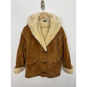 Gallery Tan Leather Faux Shearling Hooded Coat Women's L Oversized Toggle Style